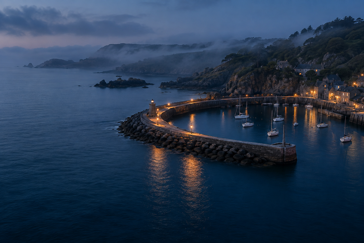 A quiet harbor protected by an illuminated stone breakwater